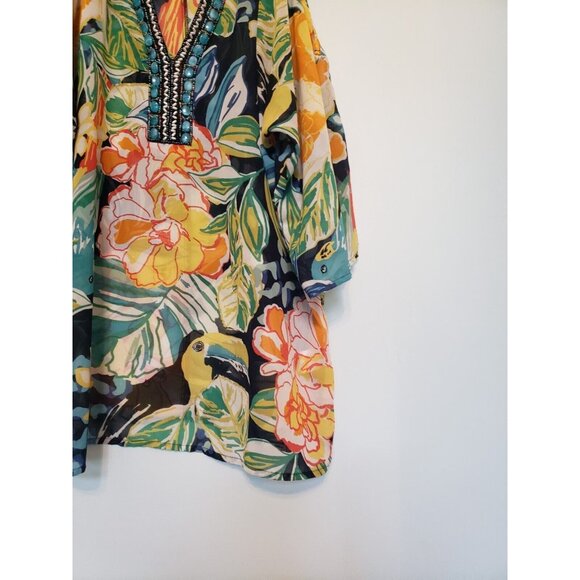 Melissa Paige Womens S Tunic Top Cold Shoulder Parrot Boho Beaded Floral Sheer - Picture 3 of 8